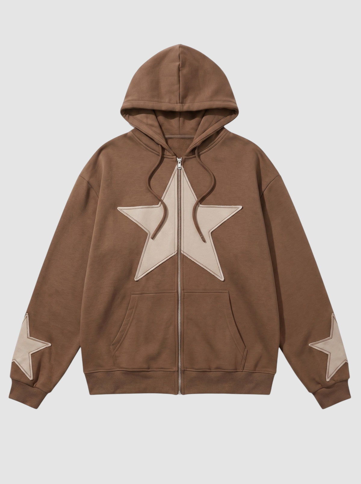 Y2K Studio brown zip-up hoodie featuring a large beige stitched star patch on the chest and smaller stars on sleeves.