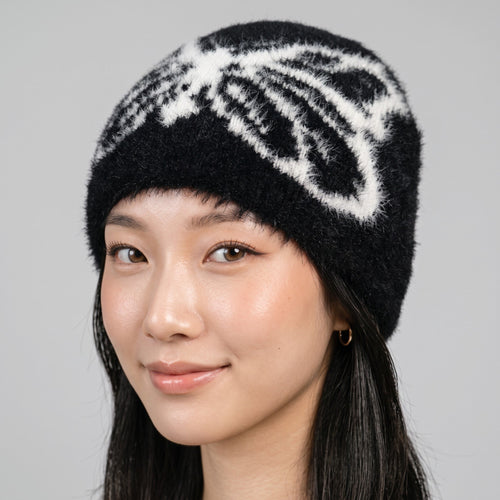 Y2K STUDIO black and white butterfly pattern knit beanie made from soft cotton and fur for a cozy casual look