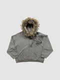 Y2K STUDIO charcoal grey zip-up hoodie with faux fur hood and silver tattoo-style graphic print on the chest