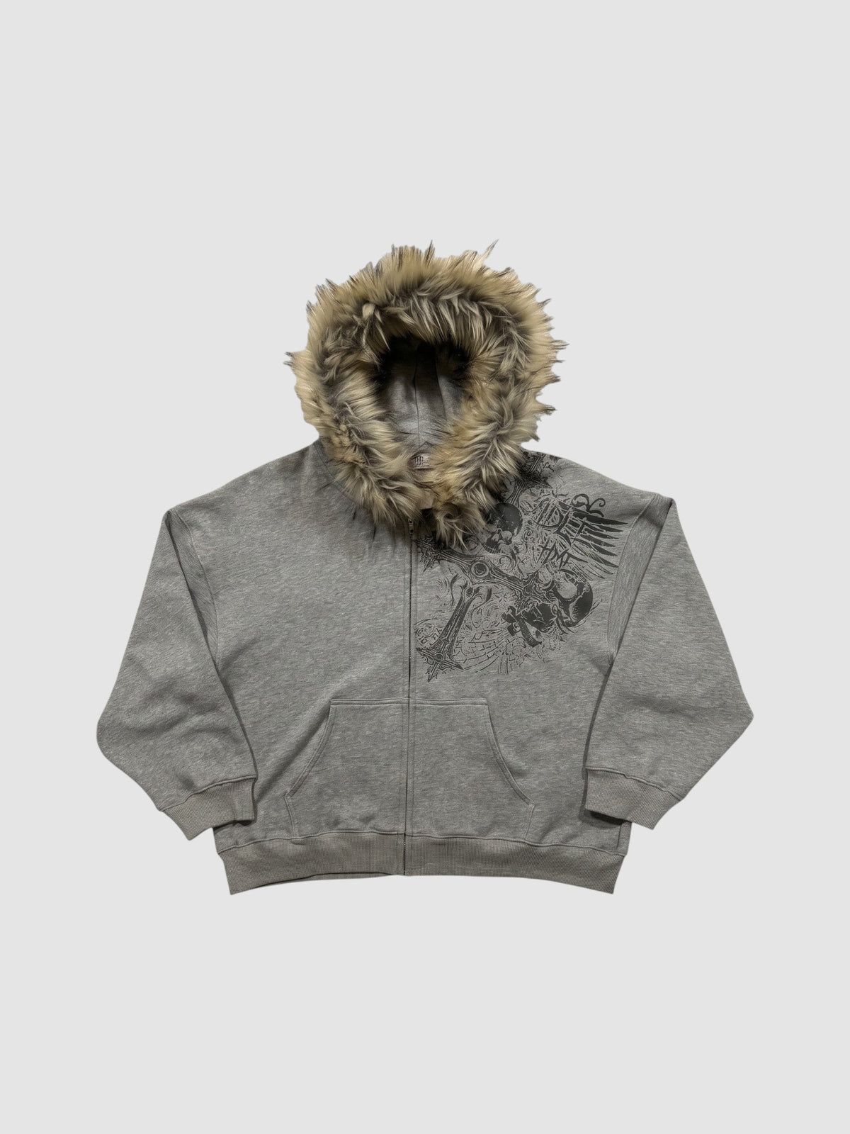 Y2K STUDIO charcoal grey zip-up hoodie with faux fur hood and silver tattoo-style graphic print on the chest