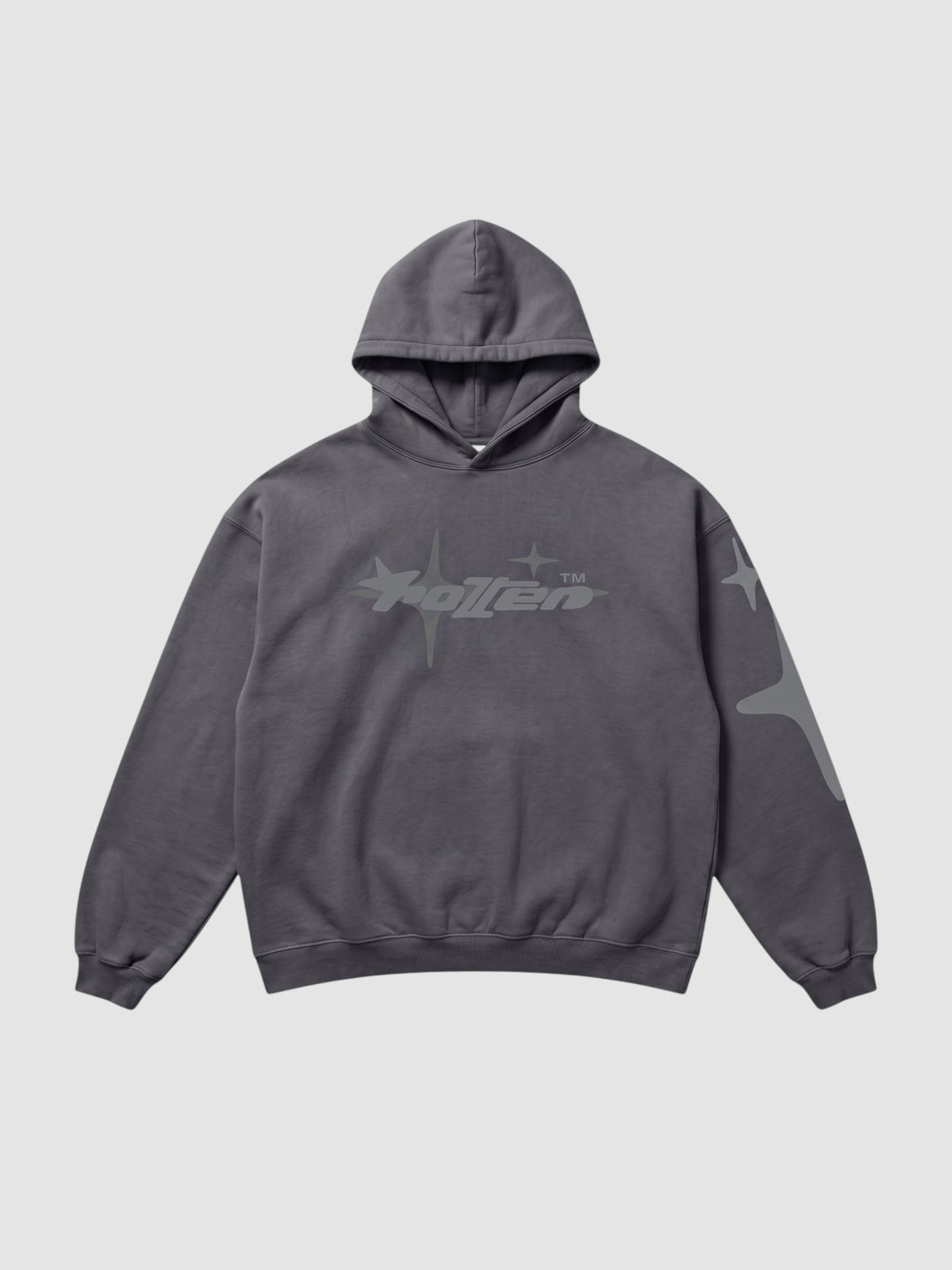 Y2K Studio charcoal grey oversized hoodie with star graphic print and lettering on chest and sleeve