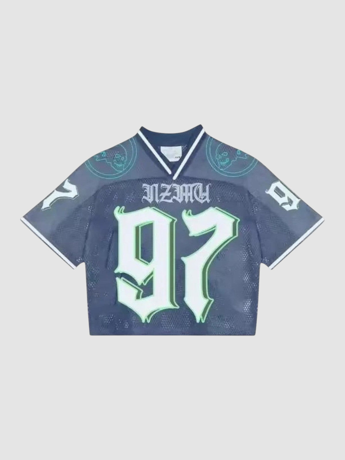 Y2K Studio cropped football jersey in black mesh with white and green 97 graphic and V-neck collar