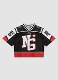 Y2K Studio cropped black mesh football jersey with white and red accents, V-neck, and graphic monogram print.