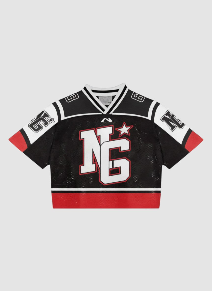 Y2K Studio cropped black mesh football jersey with white and red accents, V-neck, and graphic monogram print.