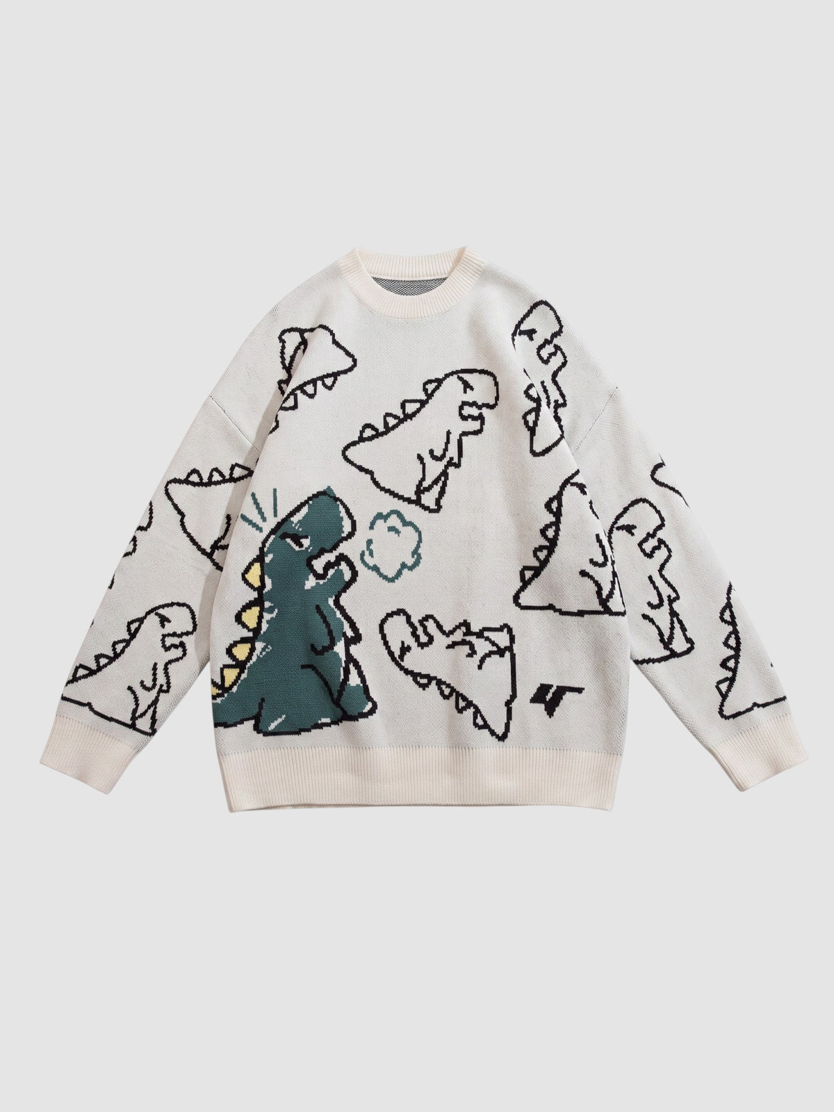 Y2K STUDIO cream knit sweater featuring a playful all-over cartoon dinosaur pattern with a crew neck and long sleeves.