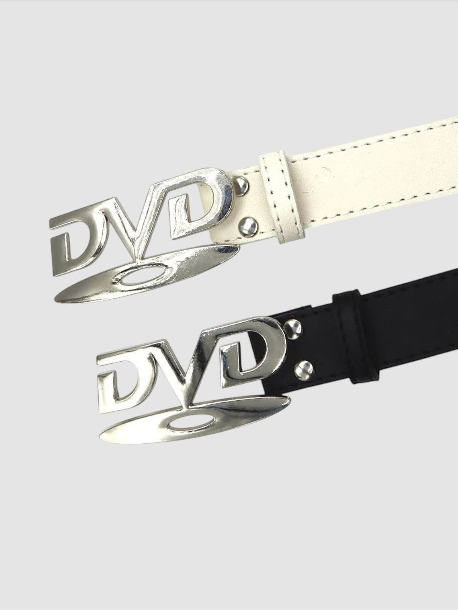 Y2K Studio DVD belts in black and white faux leather with silver metal disc-shaped buckles