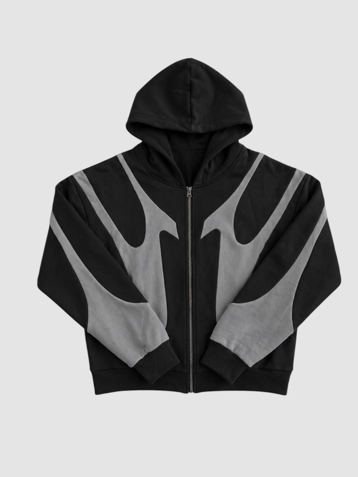 Y2K Studio black and grey zip-up hoodie with stitched flame panels, boxy fit, and cotton-nylon blend fabric.