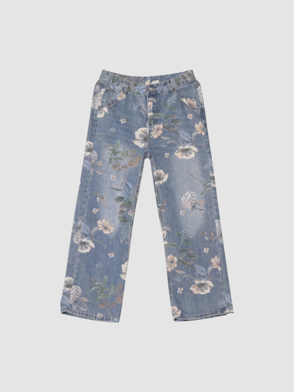 Y2K Studio light blue denim jeans featuring a watercolor floral print with pink and white flowers and green foliage.