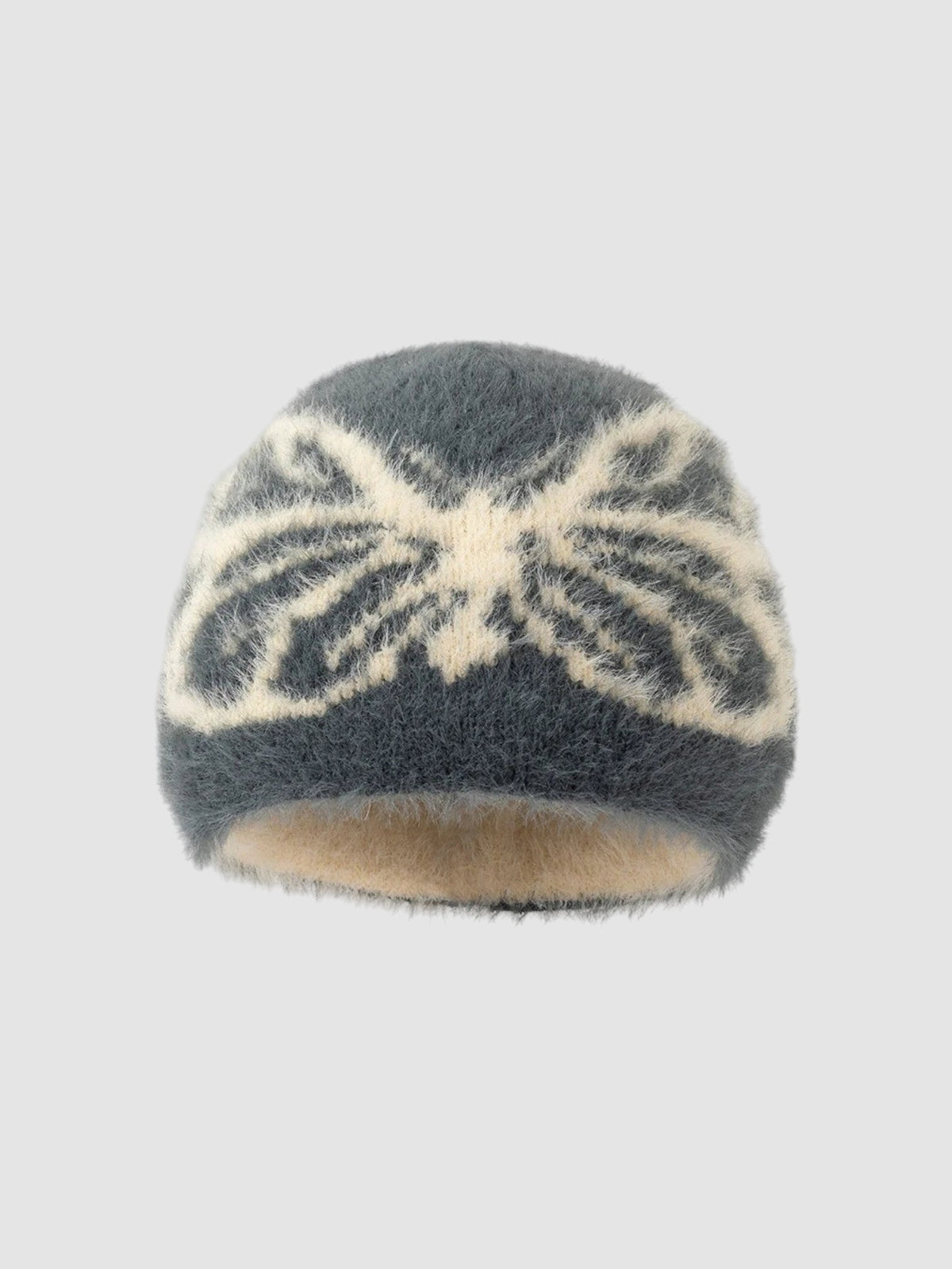 Y2K Studio black and white fuzzy butterfly beanie with a soft plush texture and Y2K aesthetic design