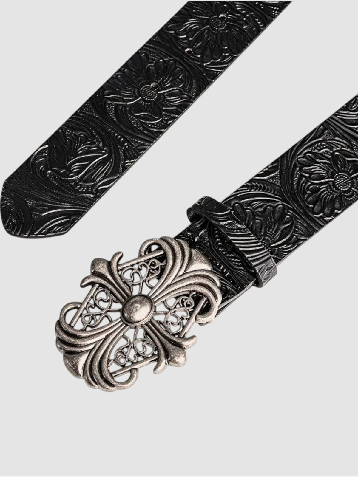 Y2K Studio gothic black faux leather belt with floral tooling and an ornate silver cross buckle