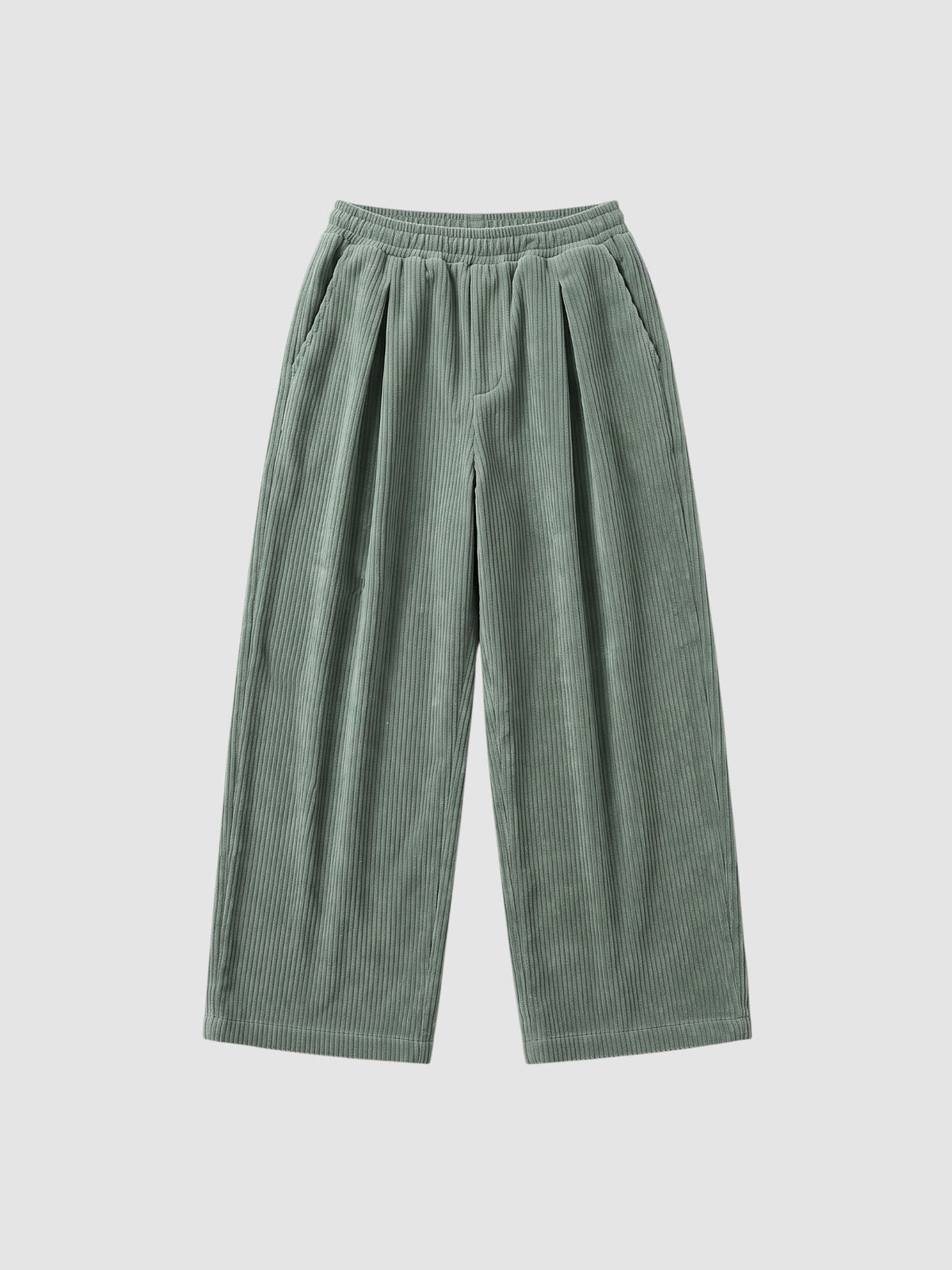 Y2K STUDIO green wide-leg corduroy trousers with an elasticated waist, deep side pockets, and a relaxed Y2K fit.
