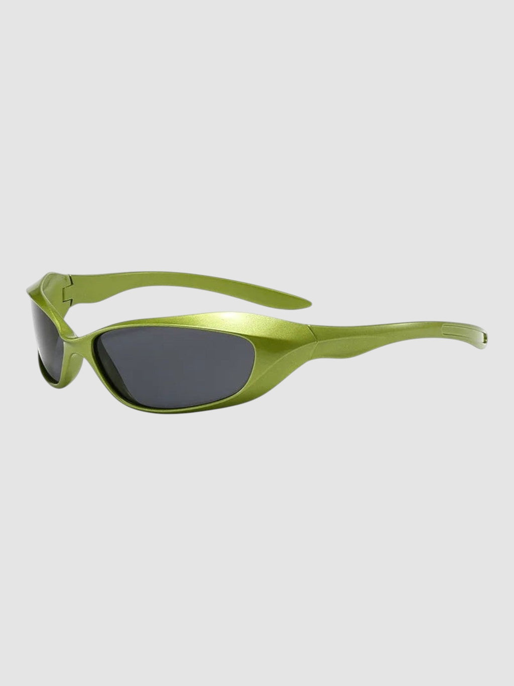 Y2K Studio green metallic wraparound sunglasses with dark tinted lenses and a futuristic aerodynamic frame design