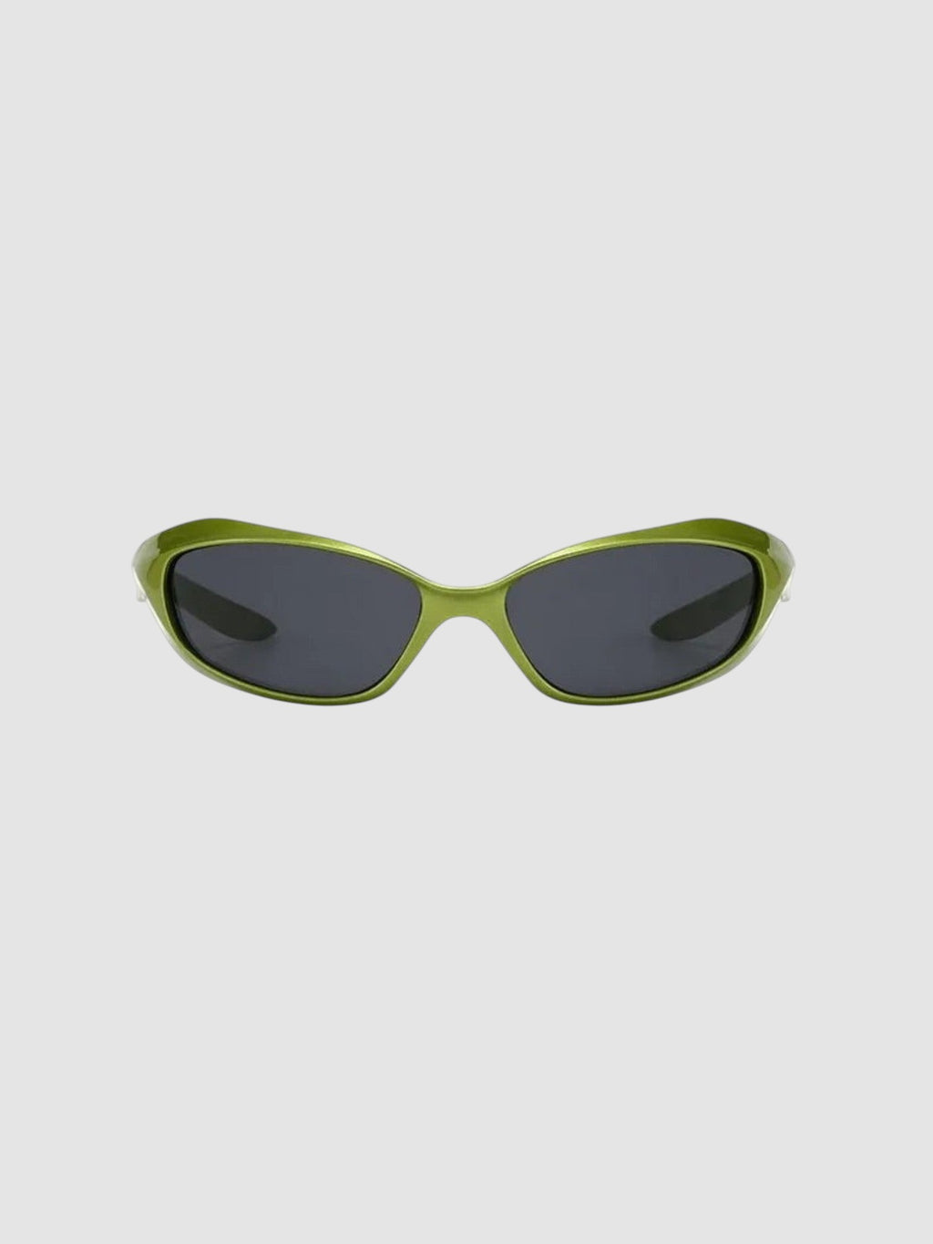 Y2K Studio futuristic wraparound sunglasses with a metallic green frame and dark tinted UV400 lenses