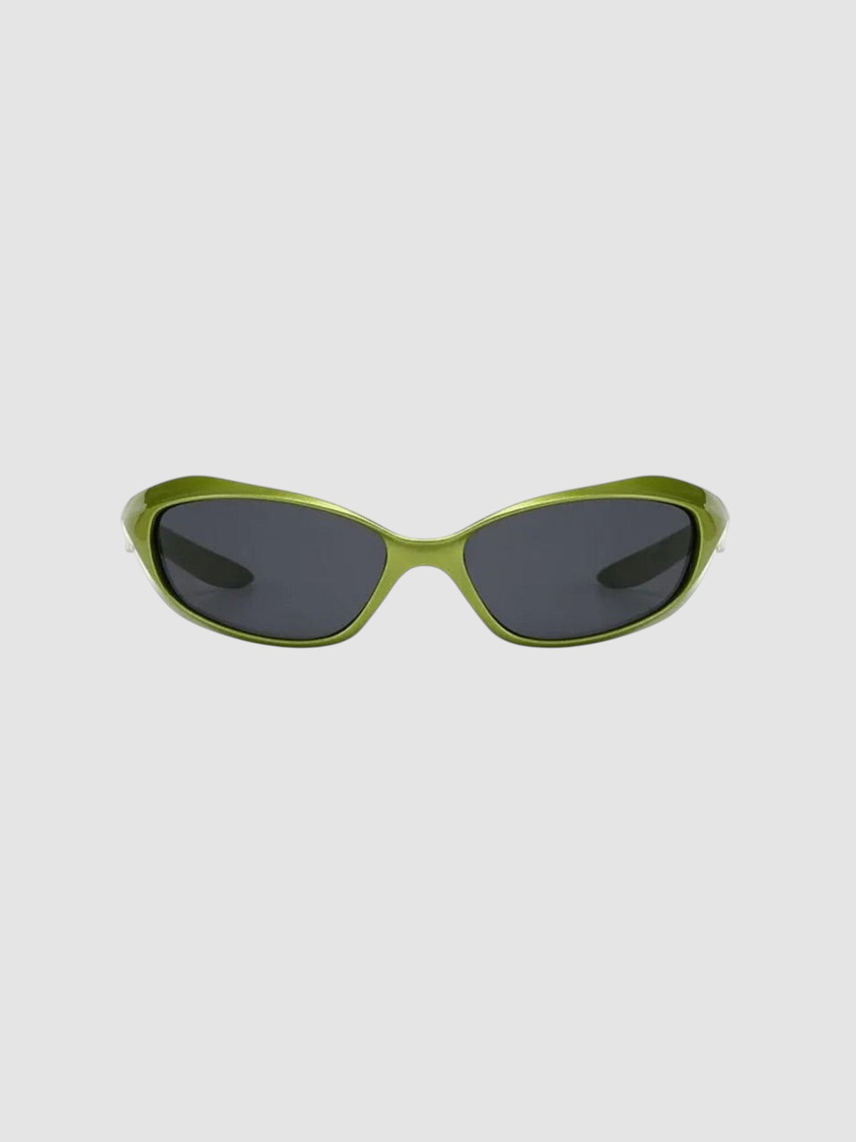 Y2K Studio futuristic wraparound sunglasses with a metallic green frame and dark tinted UV400 lenses