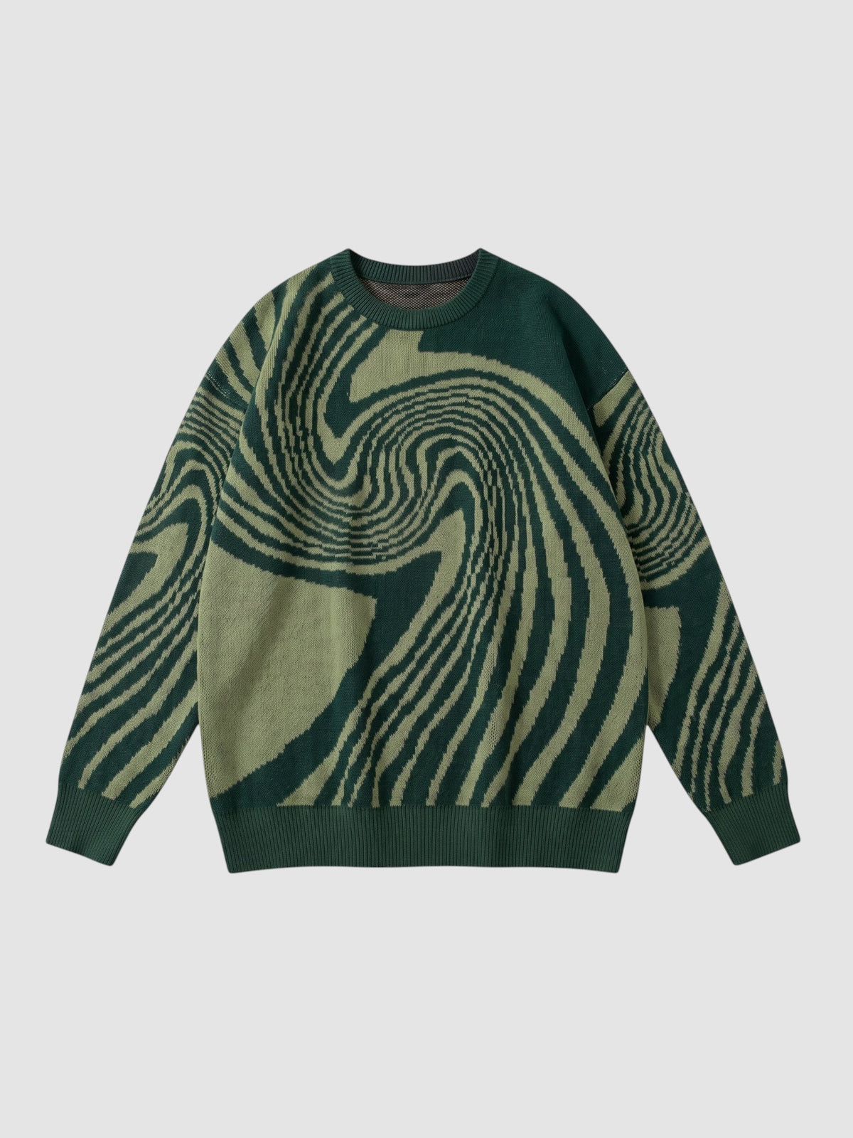 Y2K STUDIO long-sleeve knit sweater featuring a dark green and olive spiral swirl pattern with a crew neck.