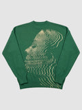 Y2K STUDIO bottle green oversized acrylic knit sweater featuring a cream wavy face graphic and drop shoulders.