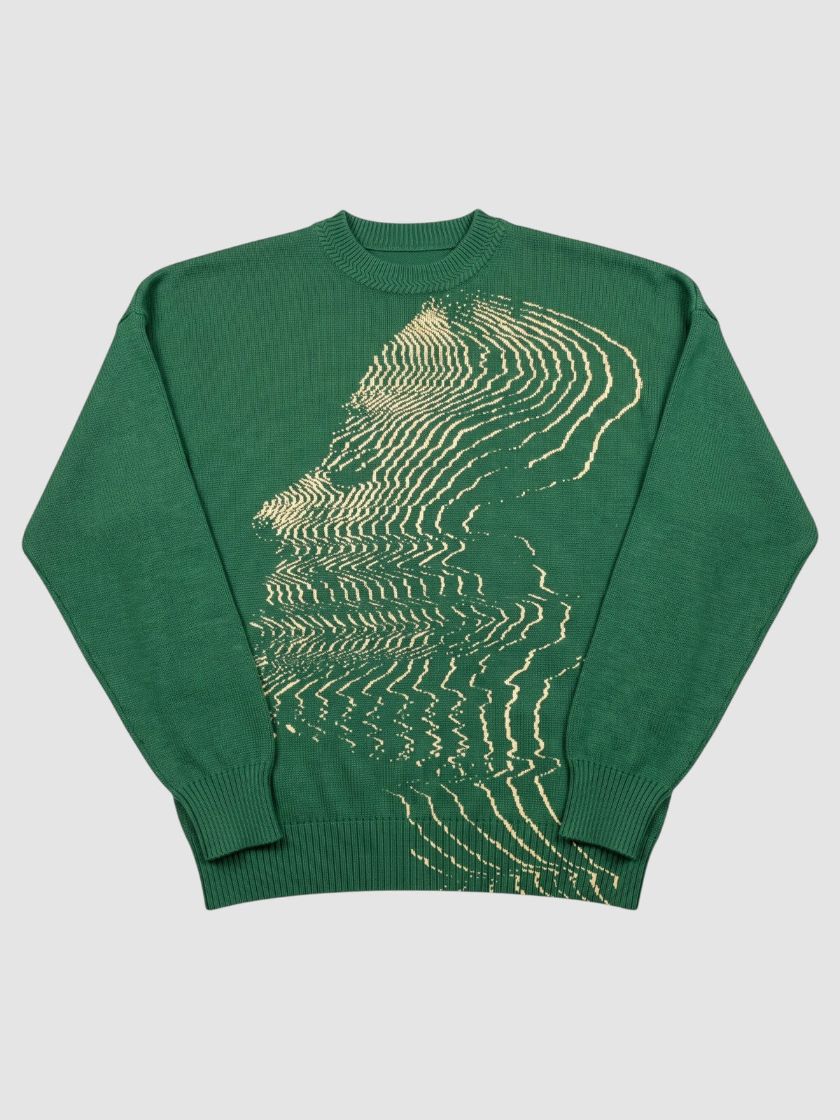 Y2K STUDIO bottle green oversized acrylic knit sweater featuring a cream wavy face graphic and drop shoulders.
