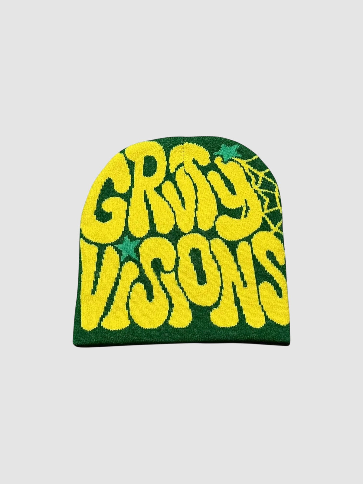 Y2K Studio vintage beanie in green and yellow with Groovy Visions graffiti bubble lettering and star accents