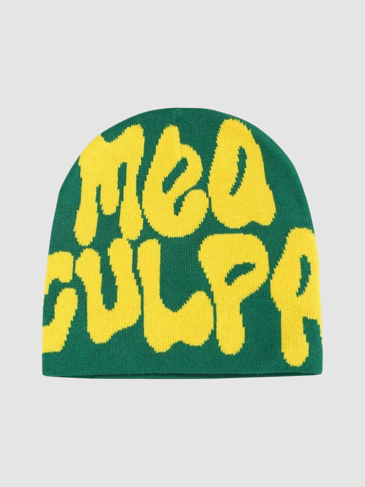 Y2K Studio green beanie with yellow graffiti-style Mea Culpa bubble lettering in a skullie fit