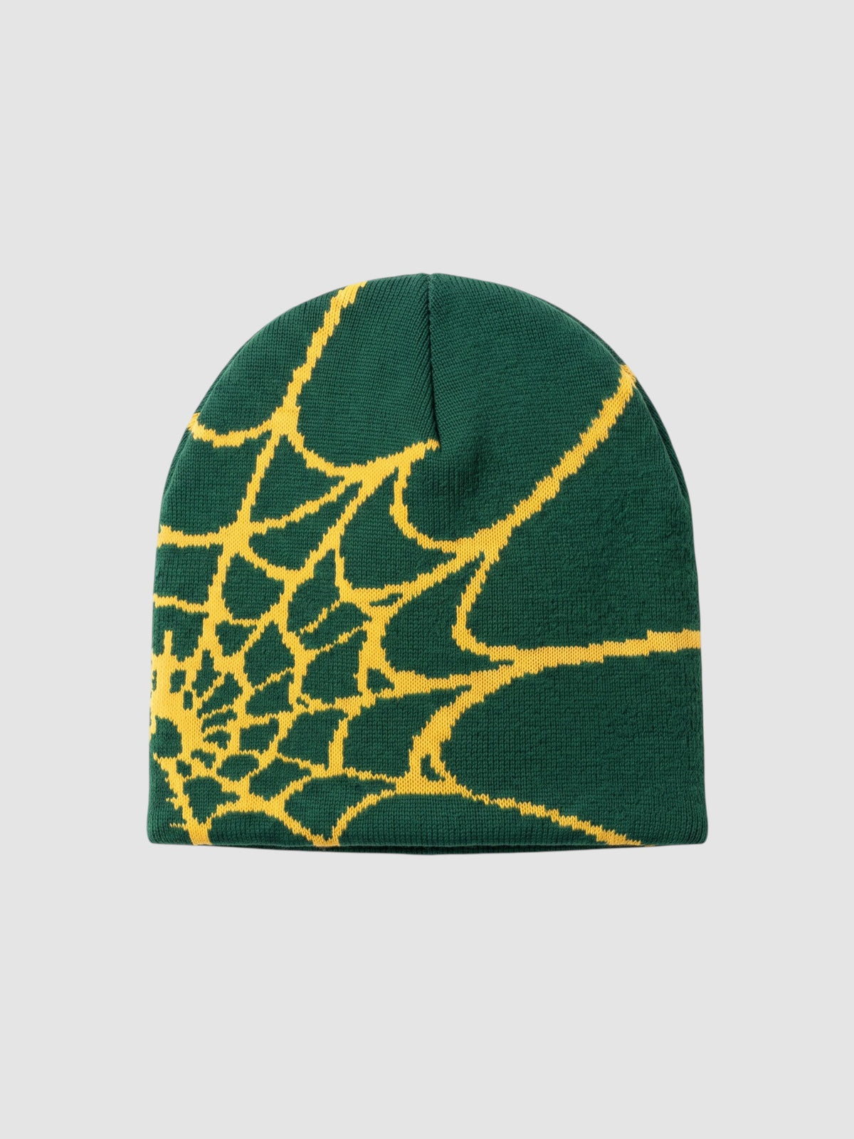 Y2K Studio green beanie with a yellow spider web pattern in a lightweight knit fabric