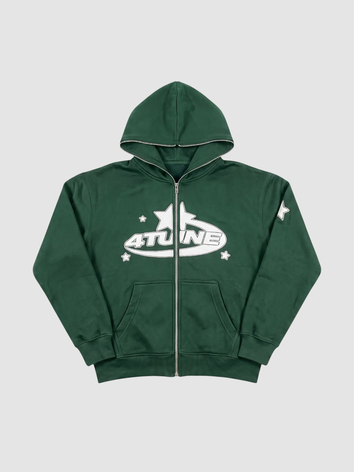 Y2K Studio dark green zip-up hoodie with white star graphic lettering and full-length front zipper