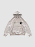 Y2K Studio grey boxy hoodie with a small 8-ball graphic and text on the chest, featuring a kangaroo pocket.