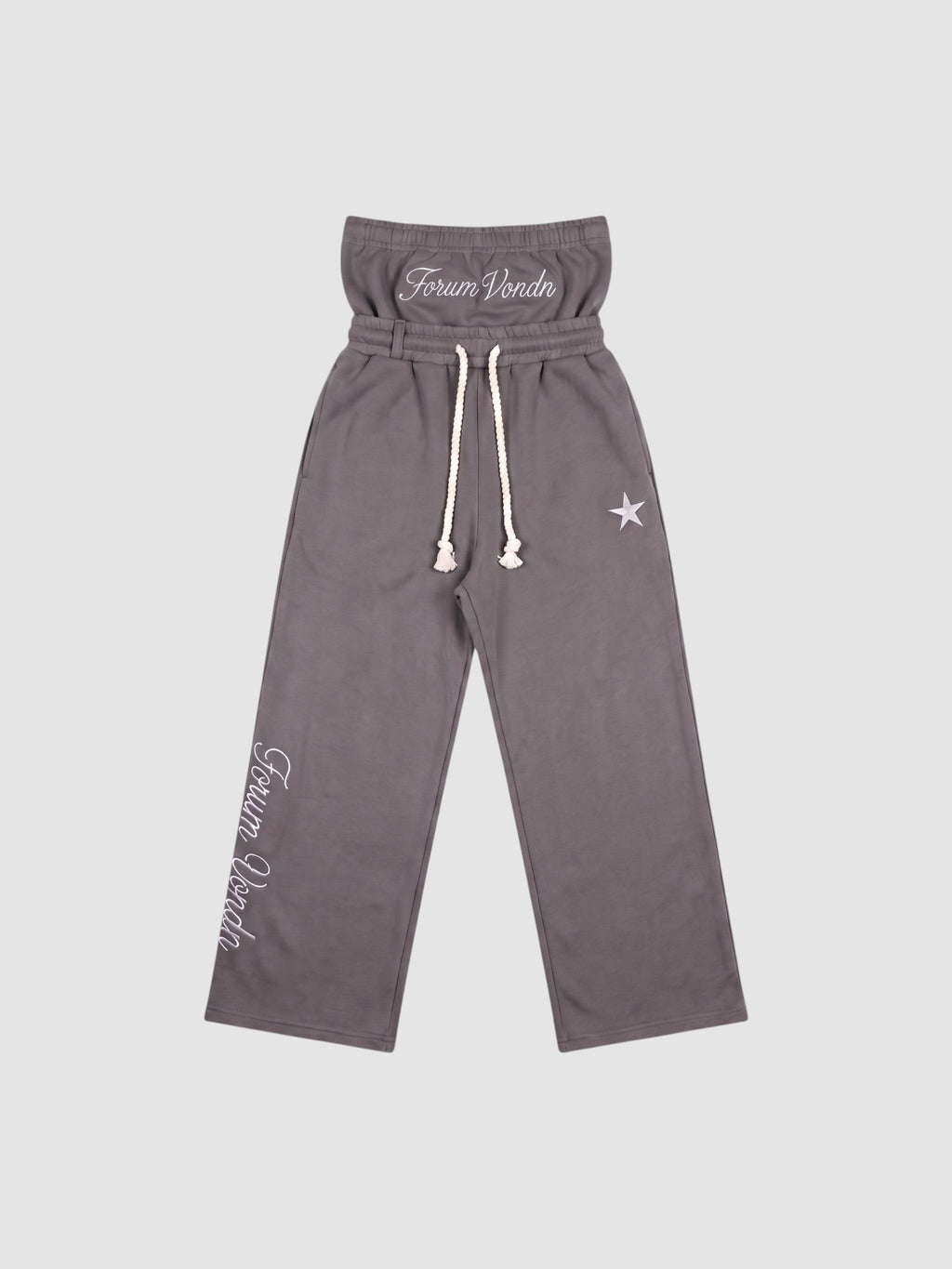 Y2K Studio grey double waist jogging pants with gothic embroidery, star detail, and braided drawstring.