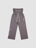 Y2K Studio grey double waist jogging pants with gothic embroidery, star detail, and braided drawstring.