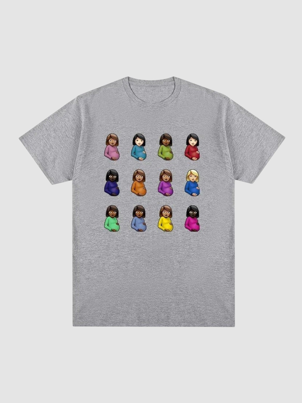 Y2K Studio grey crew neck t-shirt featuring a grid of twelve colorful pregnant woman emojis on the front