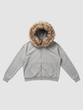 Y2K Studio grey zip-up hoodie featuring a plush beige faux fur trim on the hood, ribbed cuffs, and two front pockets.