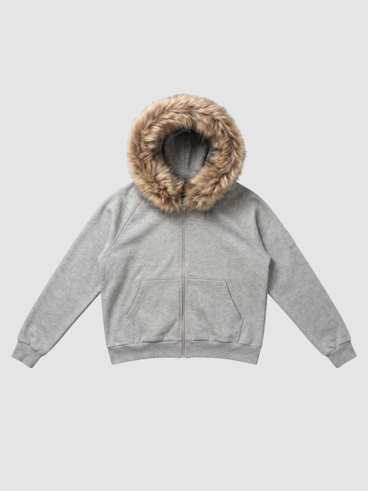 Y2K Studio grey zip-up hoodie featuring a plush beige faux fur trim on the hood, ribbed cuffs, and two front pockets.