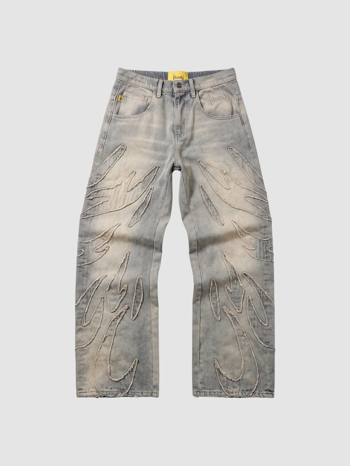 Y2K Studio baggy grey washed denim jeans featuring raw-edge flame appliqués and a relaxed straight-leg fit.