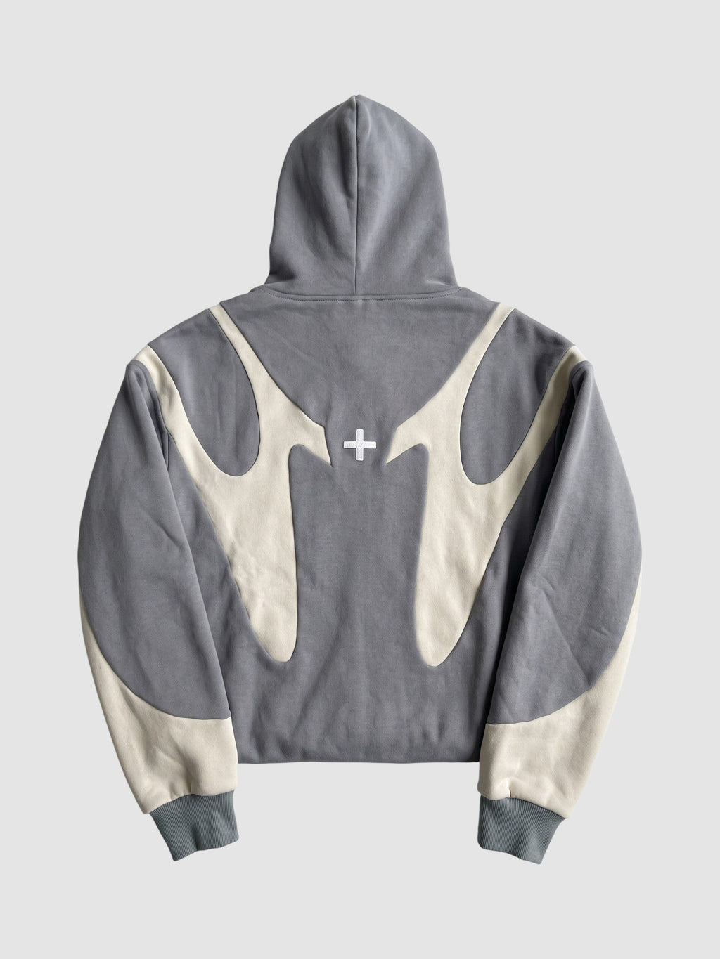 Y2K Studio slate grey and cream flame zip-up hoodie with stitched panel construction and boxy fit