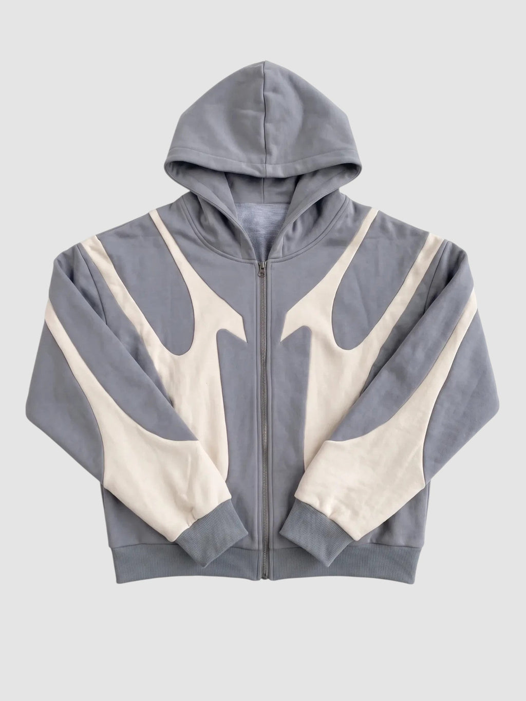 Y2K Studio slate grey and cream zip-up hoodie with stitched flame panel design and boxy fit in nylon cotton blend