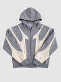 Y2K Studio slate grey and cream zip-up hoodie with stitched flame panel design and boxy fit in nylon cotton blend