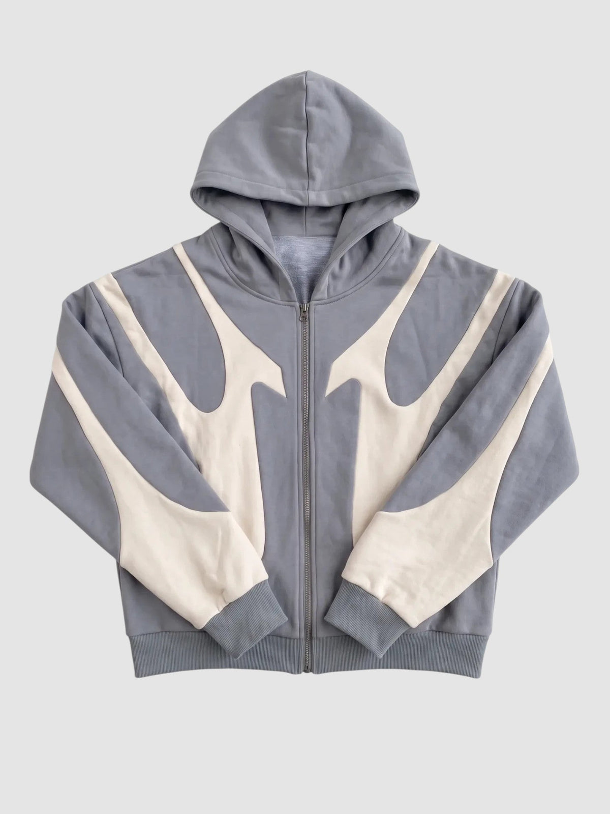 Y2K Studio slate grey and cream zip-up hoodie with stitched flame panel design and boxy fit in nylon cotton blend