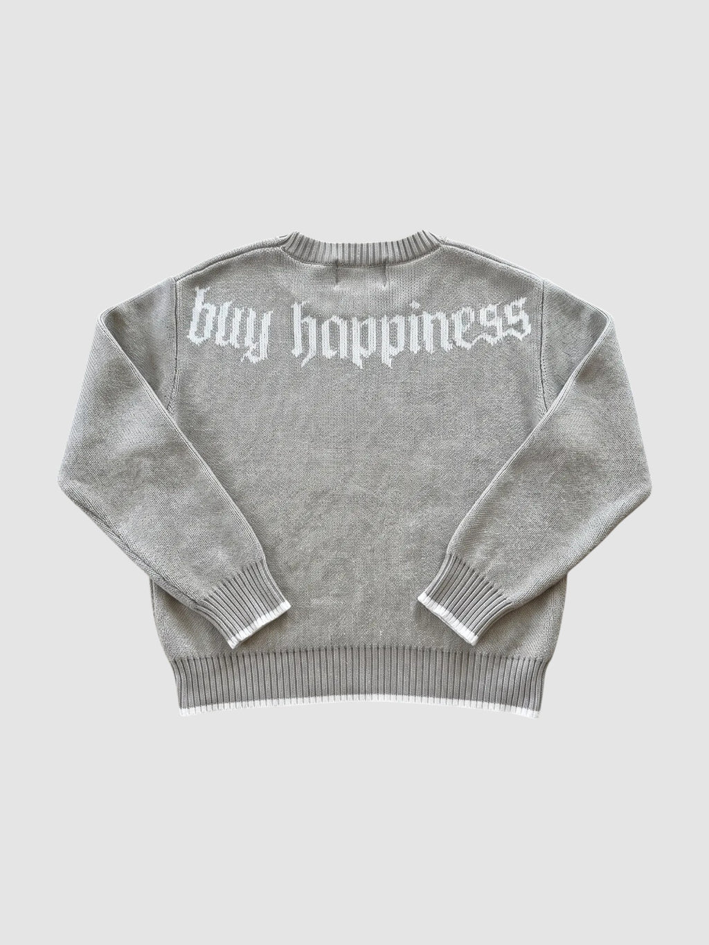 Y2K Studio grey cotton knit sweater with white gothic text on the back, ribbed cuffs, and a boxy fit.