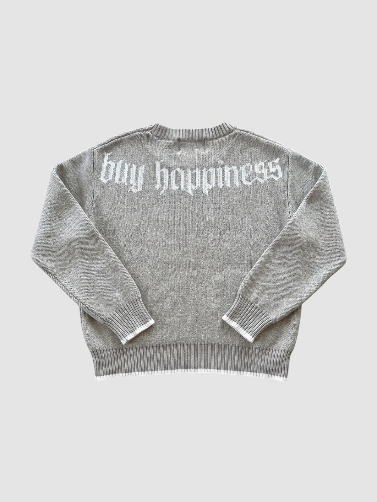 Y2K Studio grey cotton knit sweater with white gothic text on the back, ribbed cuffs, and a boxy fit.