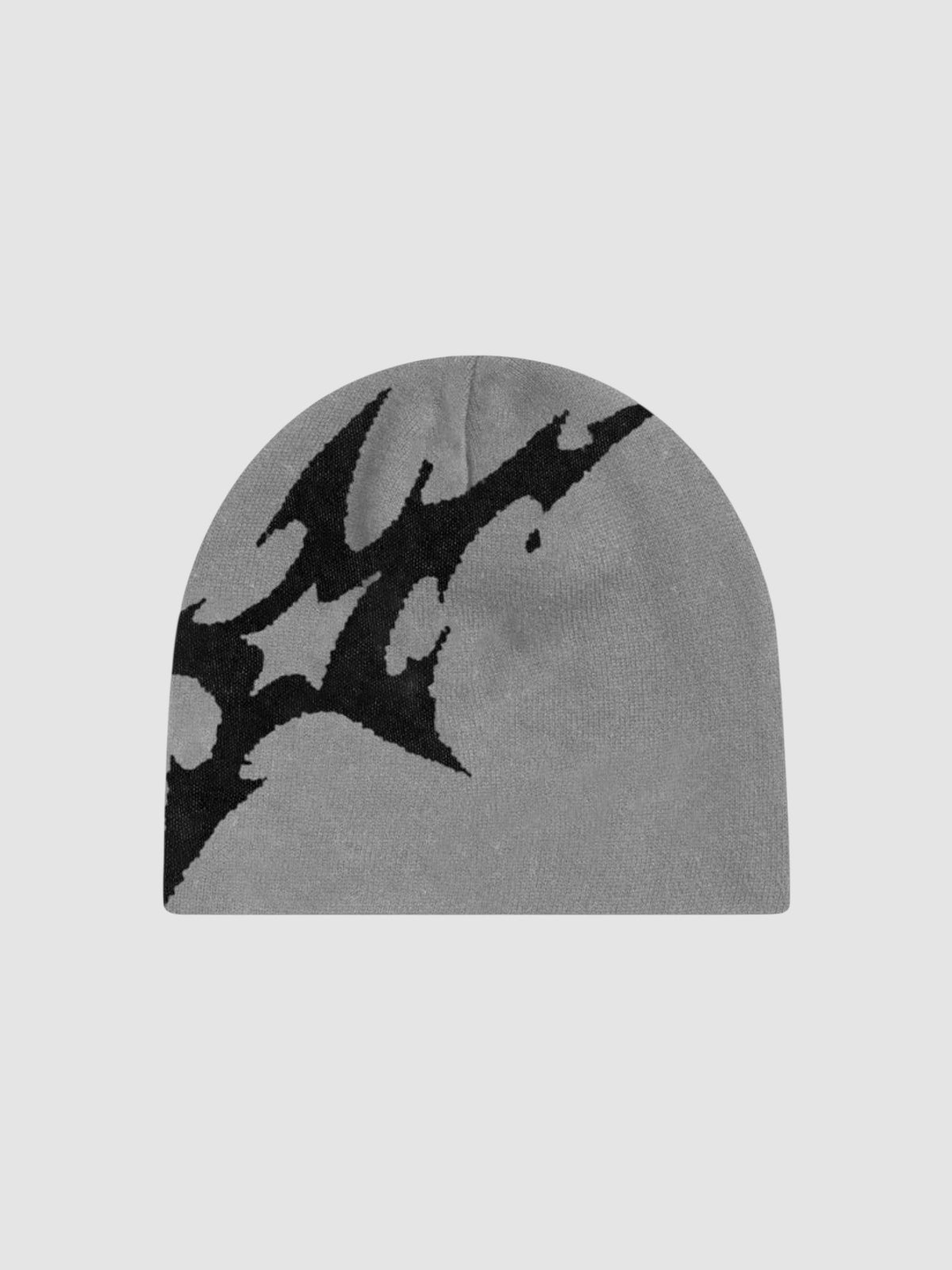 Y2K Studio grey beanie with a bold black asymmetrical lightning bolt graphic in a soft knit acrylic fabric