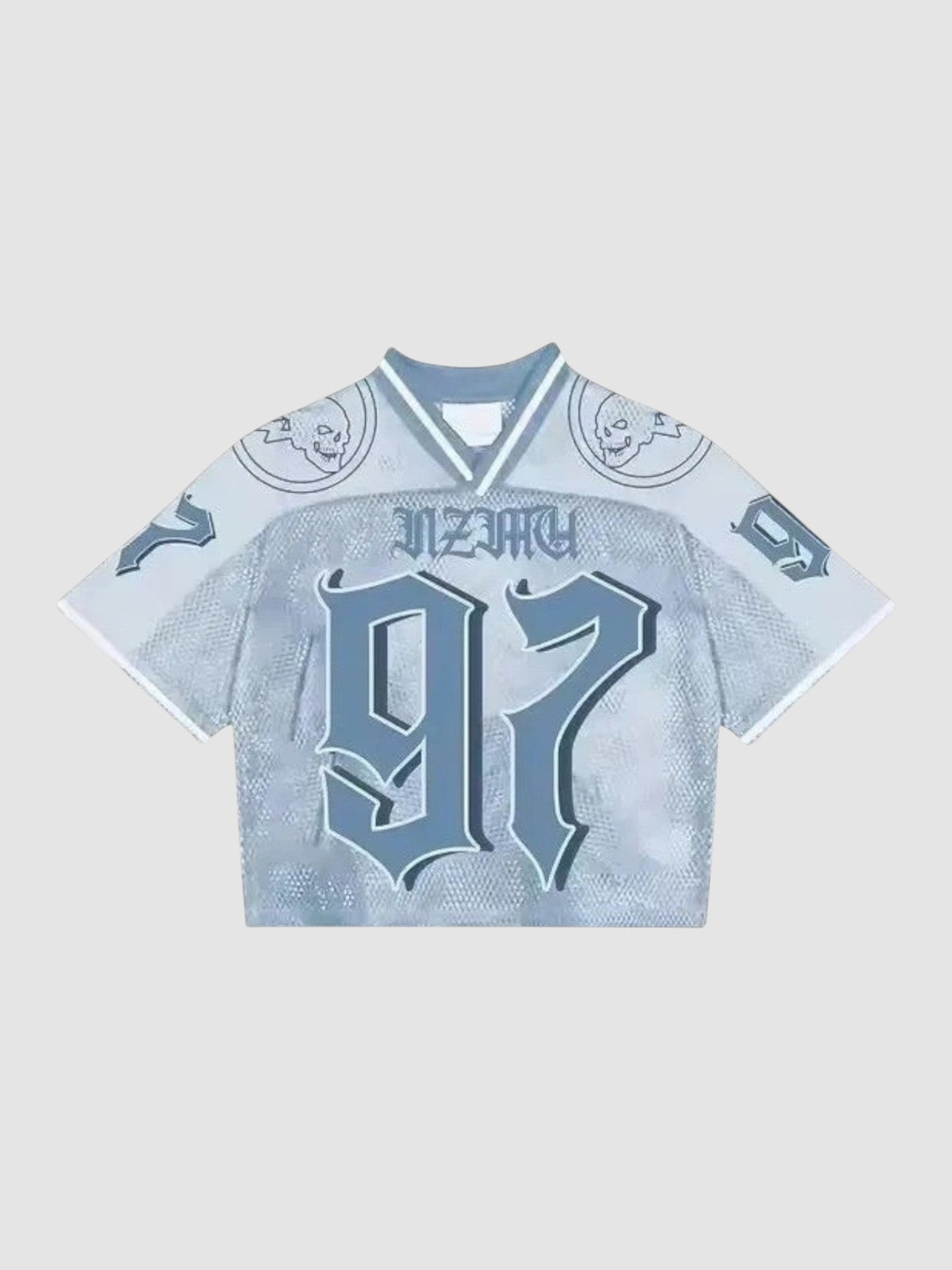 Y2K Studio cropped football jersey in grey mesh with skull graphics, number 97 print, and V-neck design.