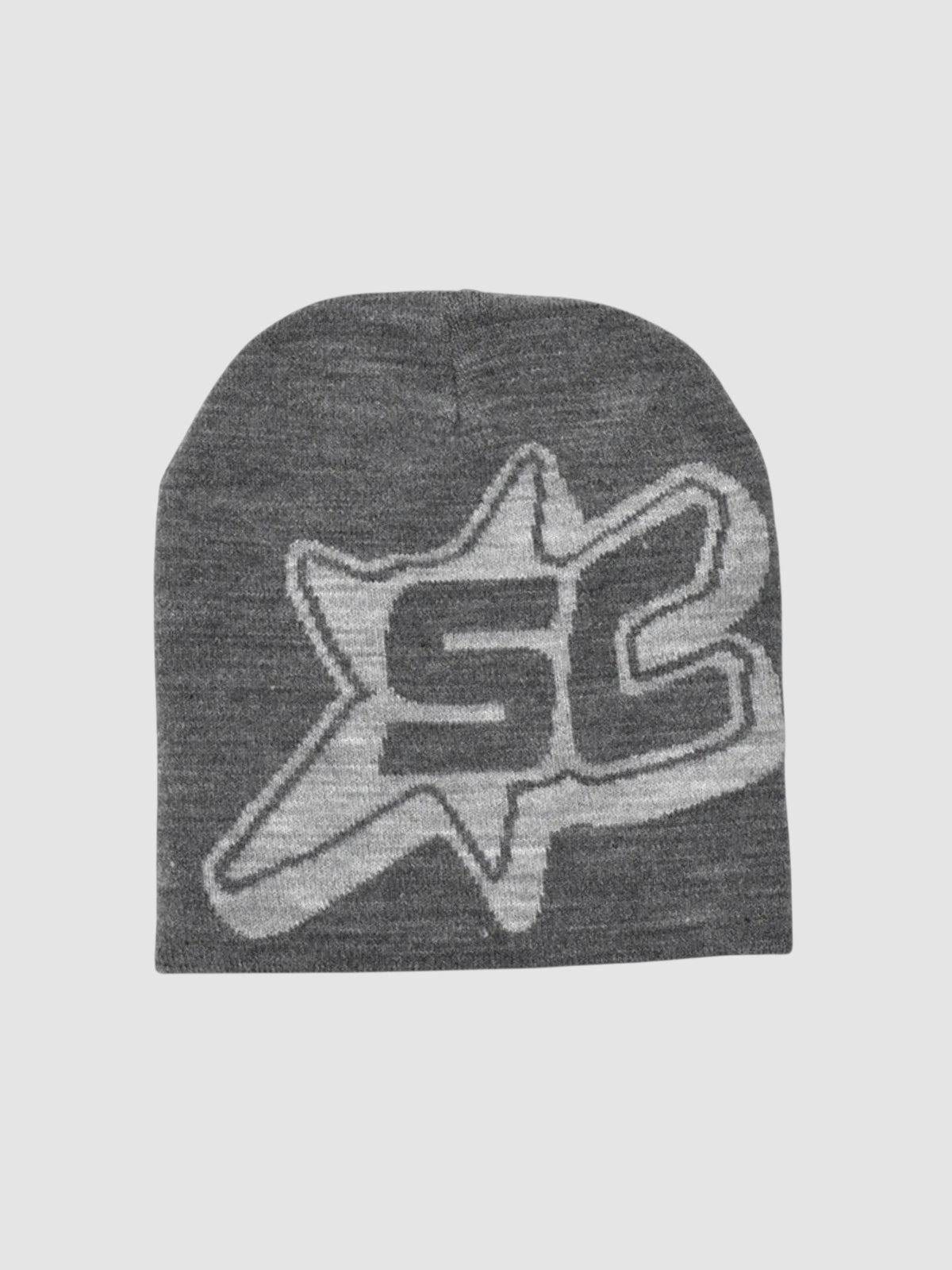 Y2K Studio streetwear skullie beanie in charcoal grey with a white SC monogram inside a shooting star graphic.