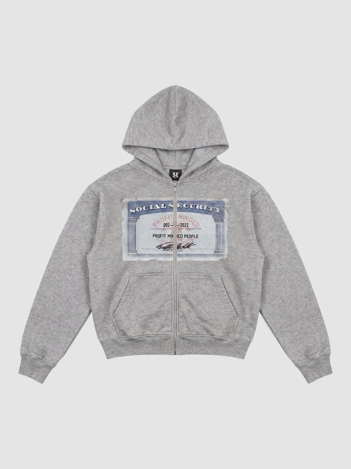 Y2K Studio grey zip-up hoodie featuring a Social Security card graphic print on the chest with a full metal zipper.