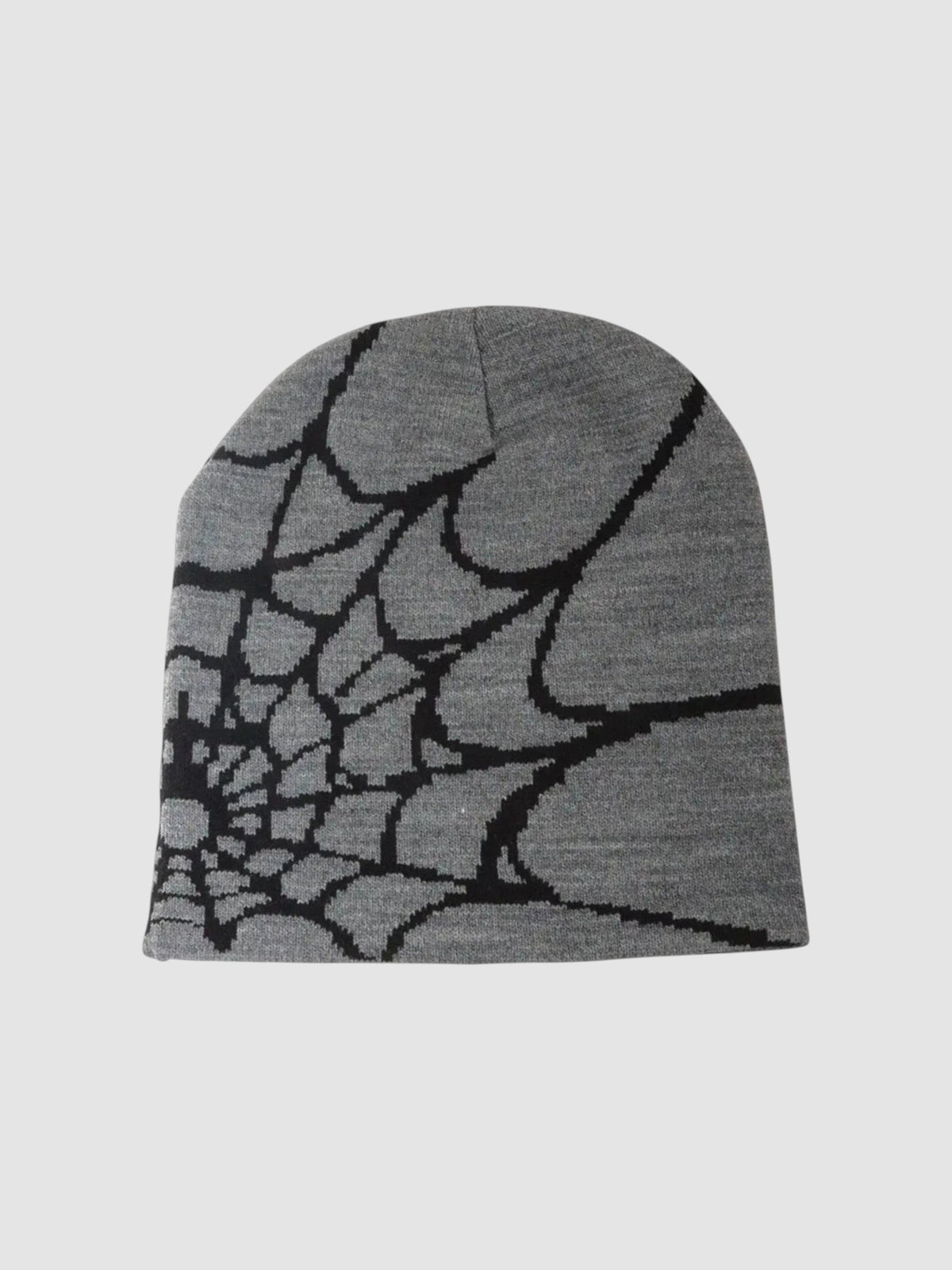 Y2K Studio grey beanie with a black spider web pattern in a lightweight knit fabric for a casual streetwear look