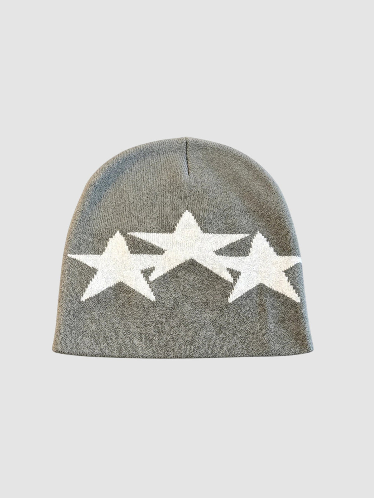 Y2K Studio grey beanie featuring three white overlapping star patterns in a lightweight acrylic knit design.