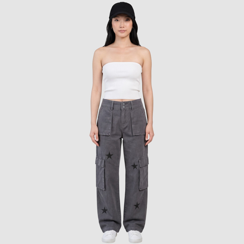 Y2K STUDIO grey denim cargo pants with star print, featuring side pockets and a low-rise fit on a female model.