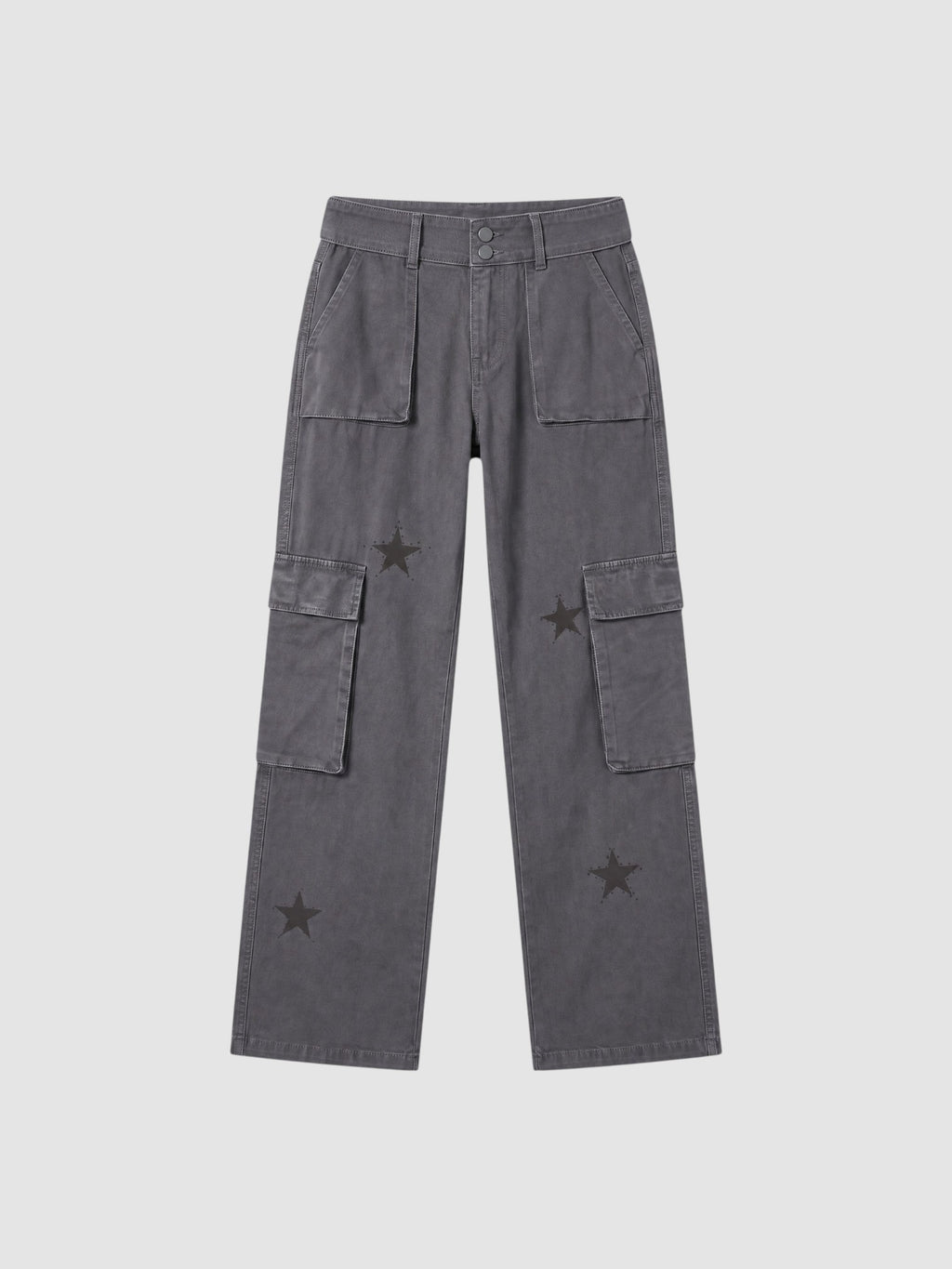 Y2K STUDIO grey washed denim cargo pants for women featuring tonal star prints, large thigh pockets, and low-rise fit.