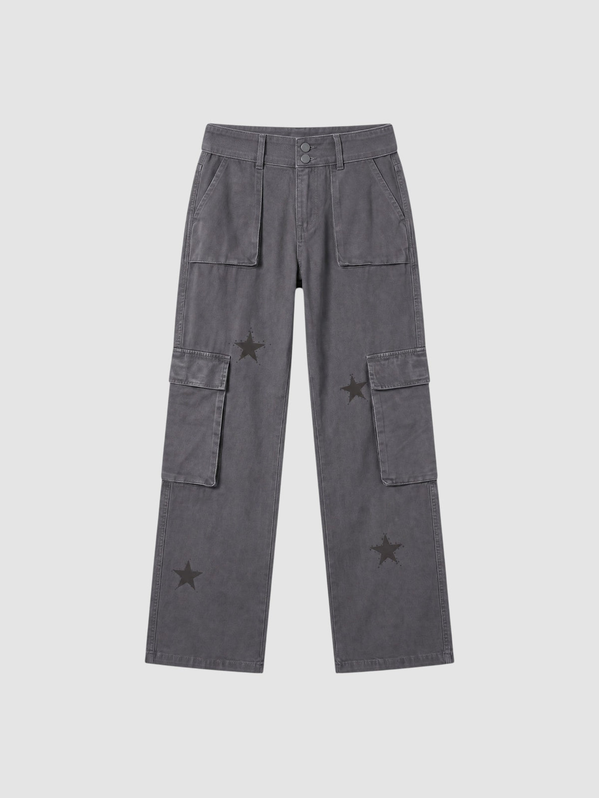 Y2K STUDIO grey washed denim cargo pants for women featuring tonal star prints, large thigh pockets, and low-rise fit.