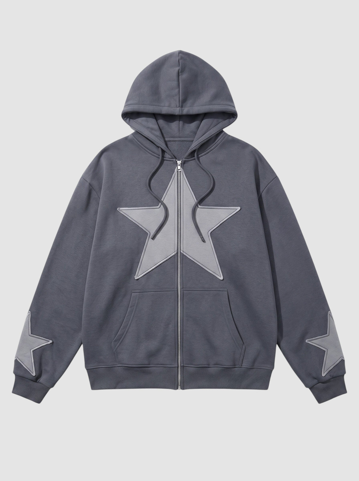 Y2K Studio grey zip-up hoodie featuring a large stitched star patch on the chest and smaller stars on the sleeves.