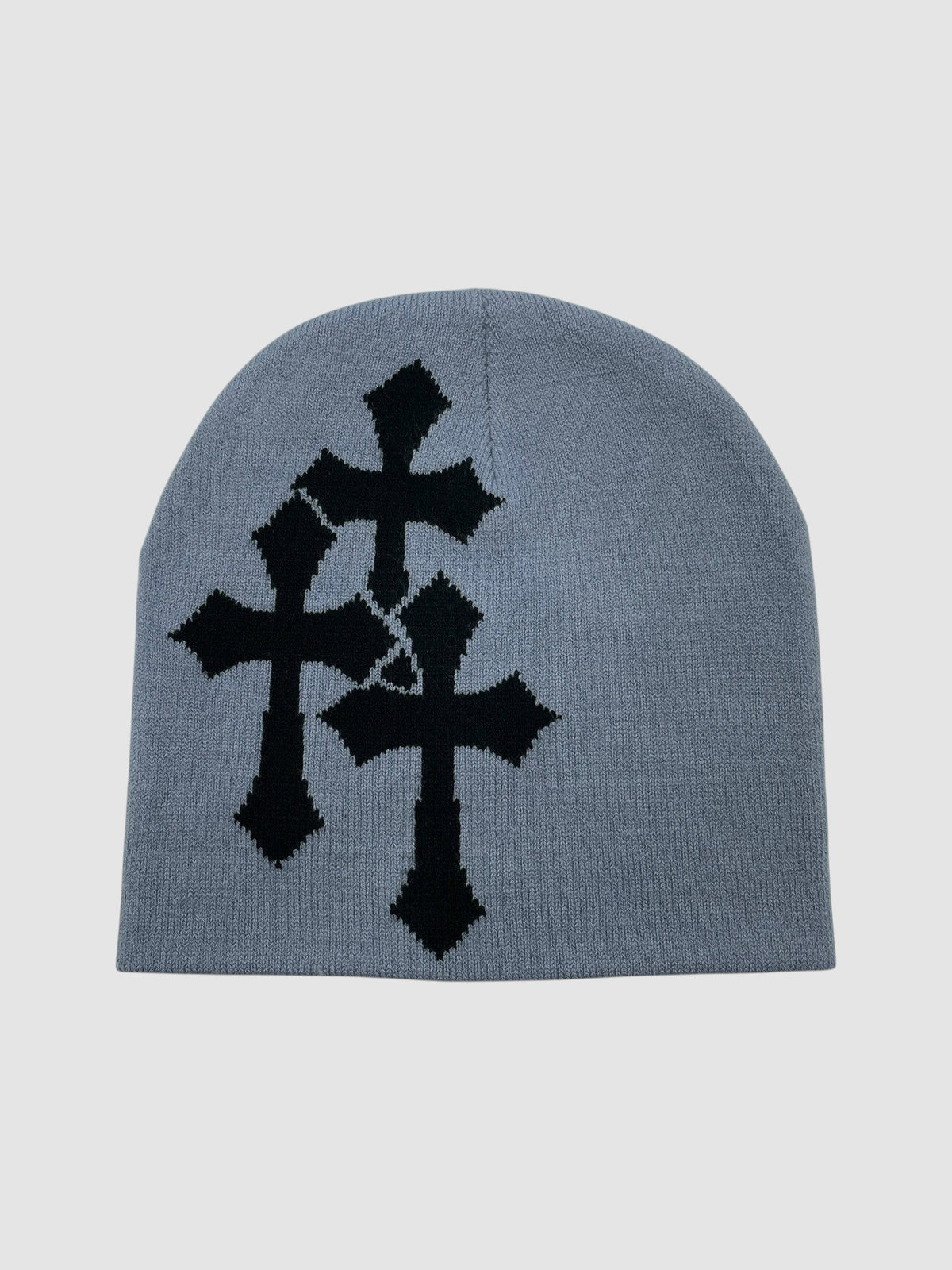 Y2K Studio grey beanie with a black jacquard triple cross pattern in a classic knit style