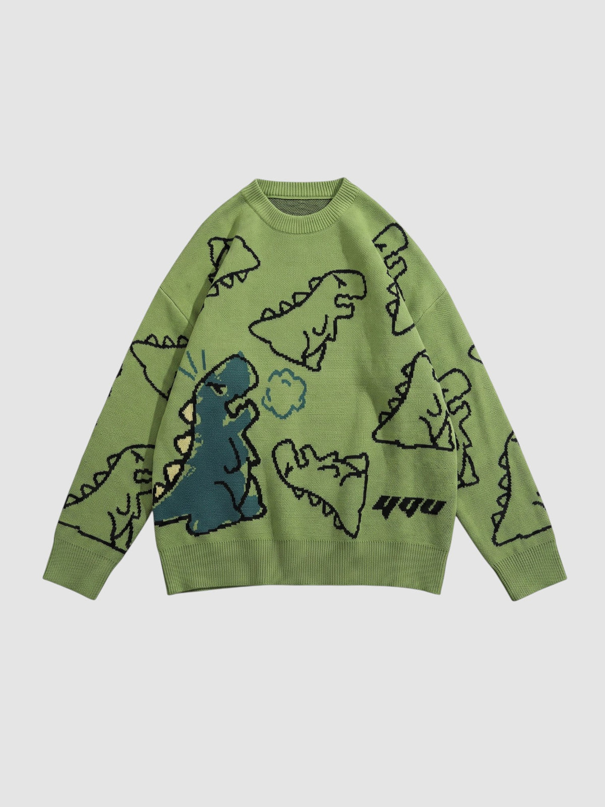 Y2K STUDIO khaki knit sweater featuring a playful all-over cartoon dinosaur pattern and a classic crew neck design.